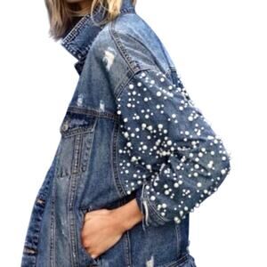 Sunset & Spring Womens Embellished Distressed Denim Jacket SzXS